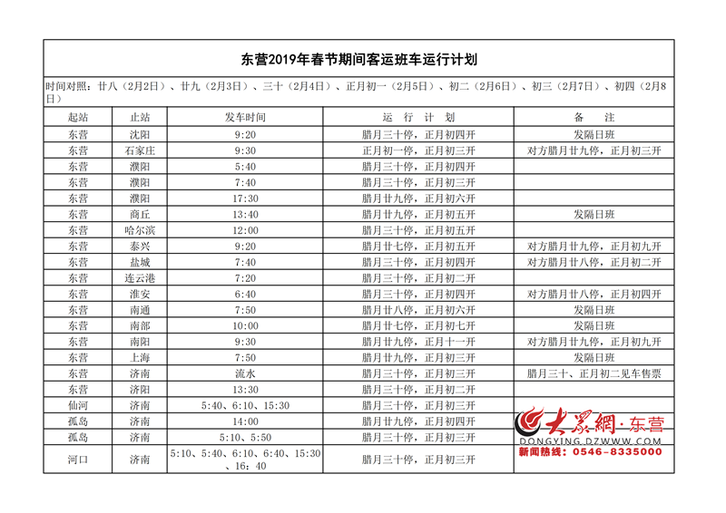 东营各汽车站春节期间客运班车运行计划及东营汽车总站春节营业时间