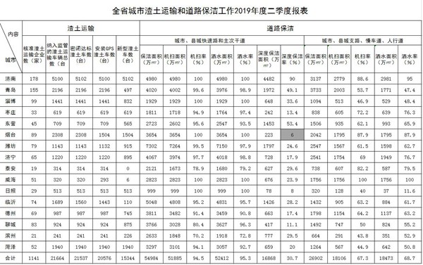 全省城市渣土运输和道路保洁工作2019年度二季度报表